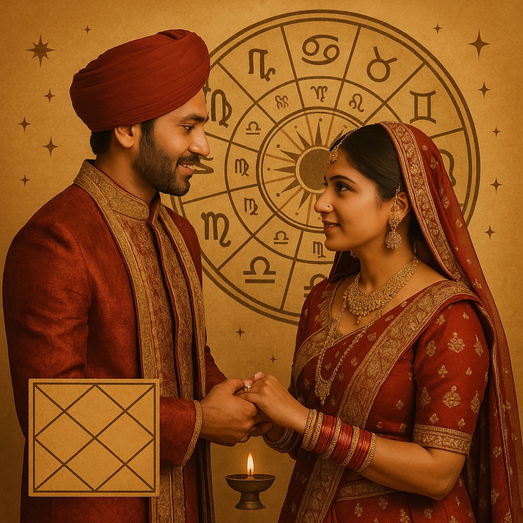 Indian bride and groom in traditional attire standing together with a zodiac wheel and Kundli chart in the background, symbolizing astrology in modern matrimony